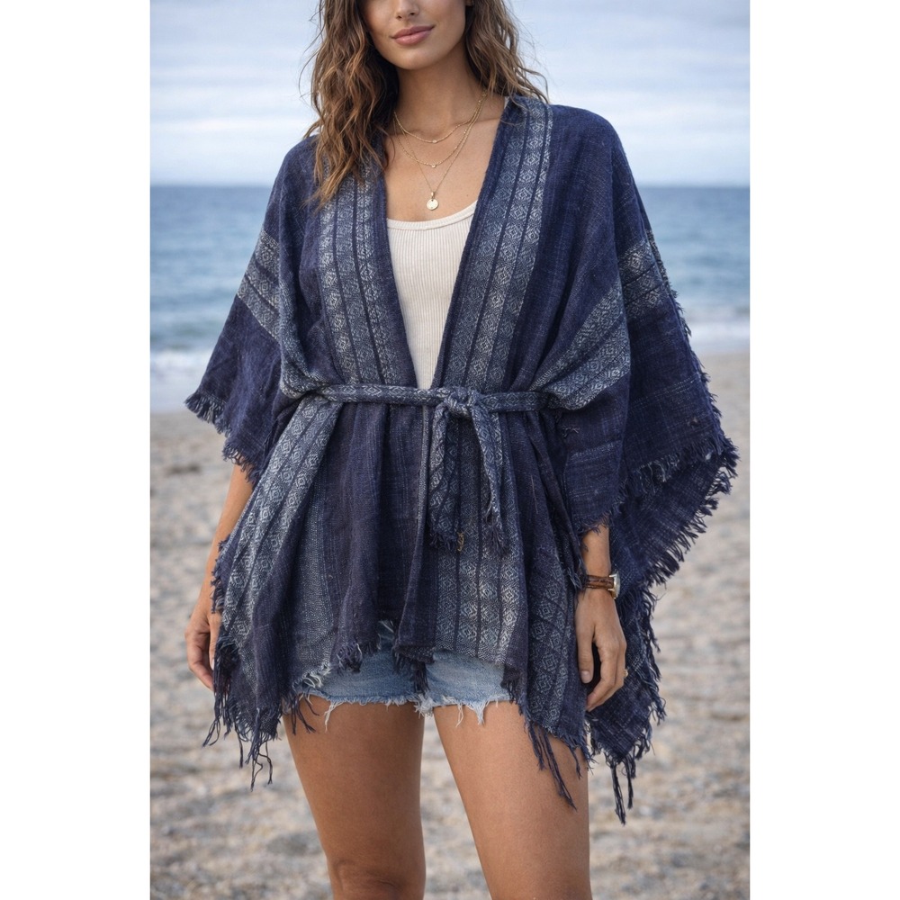Free People Indigo Blue Woven Fringe Kimono Wrap‎ Poncho with Belt OS